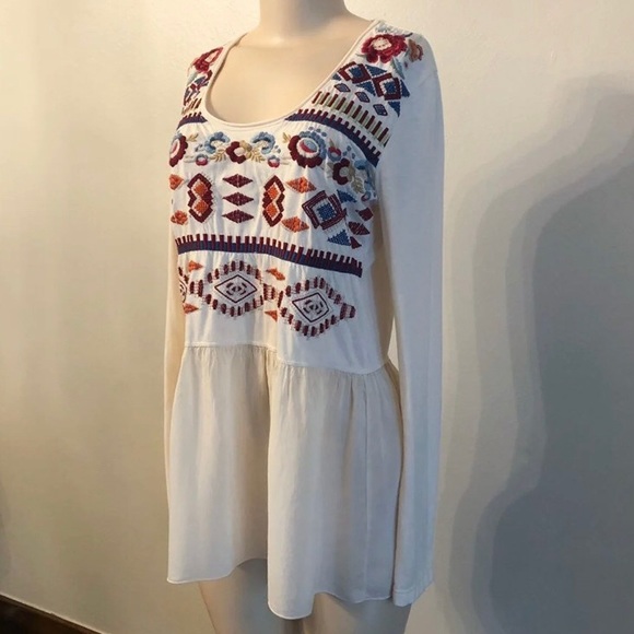 Johnny Was Tops - Johnny Was JWLA Elaine Mixed Media Peplum Embroidered Floral Top Cream Sz Medium